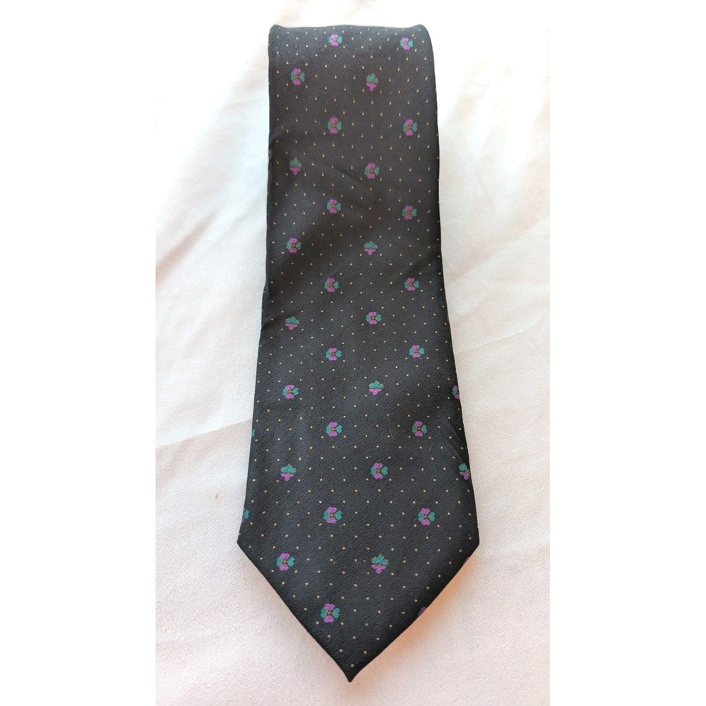 Ermenegildo Zegna 100%‎ Silk Tie Black Gold Dot Purple Floral Made in Italy